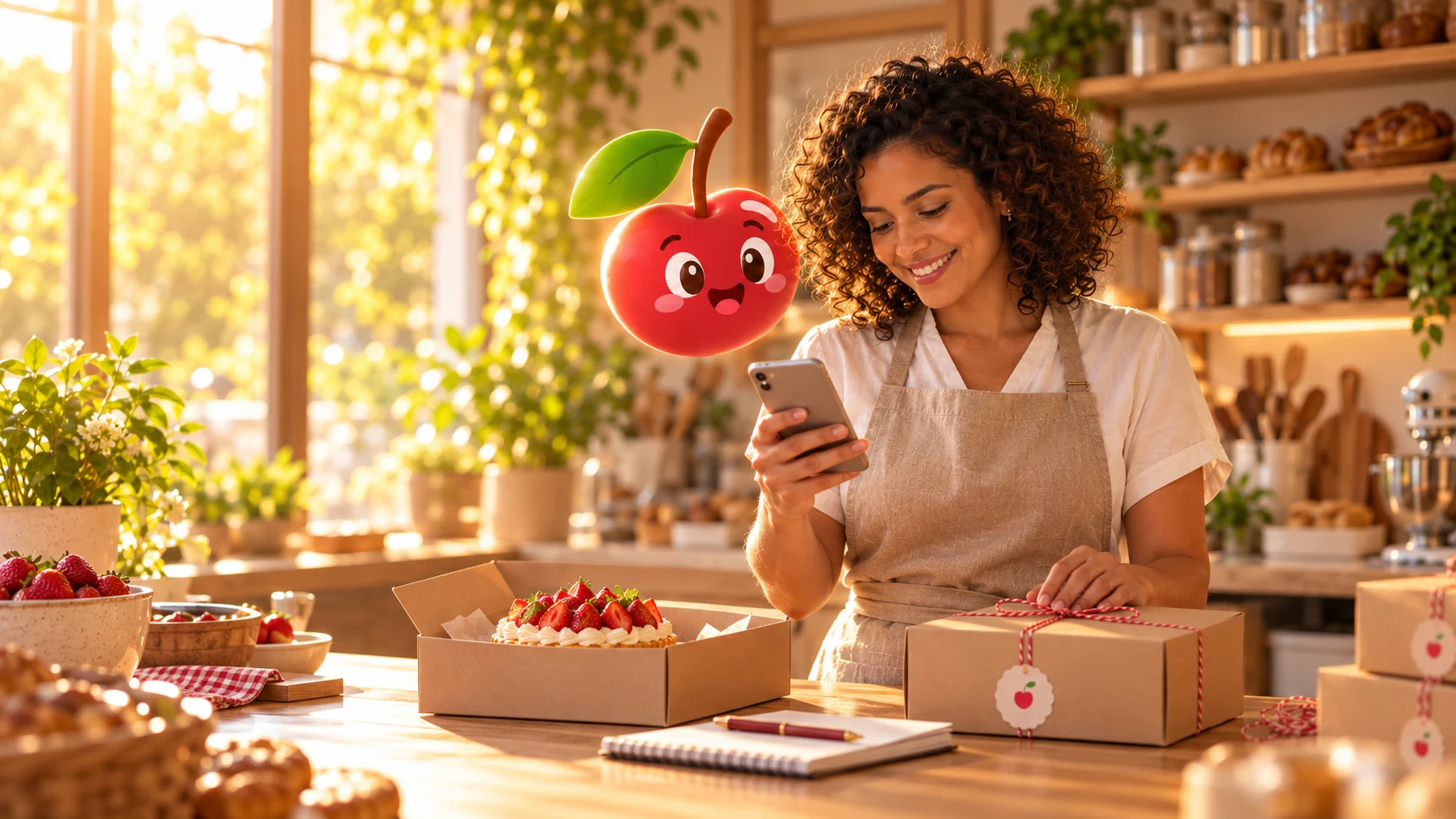 Confeiteira sorri ao olhar o celular, junto a encomendas embaladas e um bolo de morango no ateliê