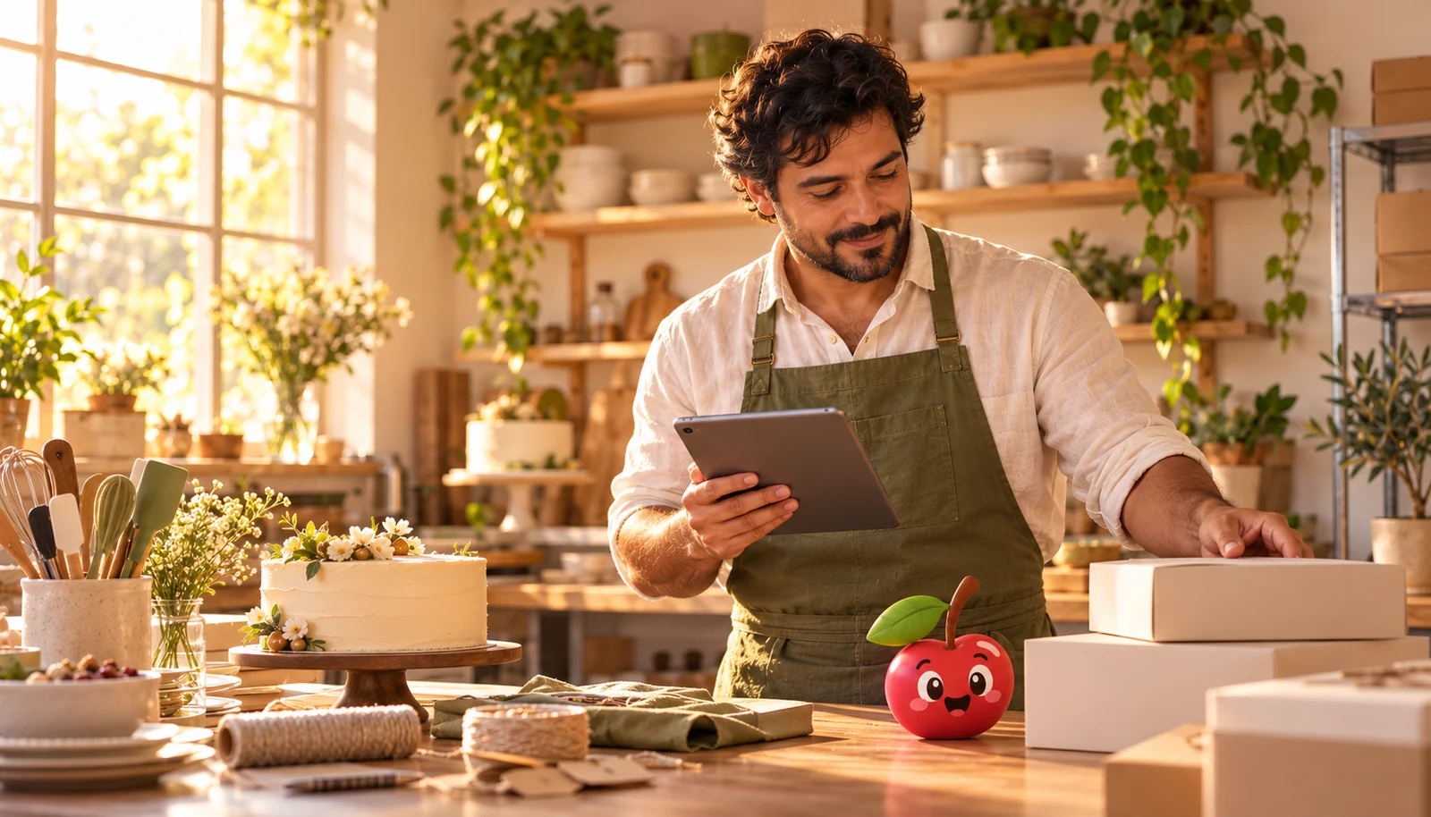 Empreendedor consulta o tablet entre bolos e encomendas embaladas na bancada do seu negócio