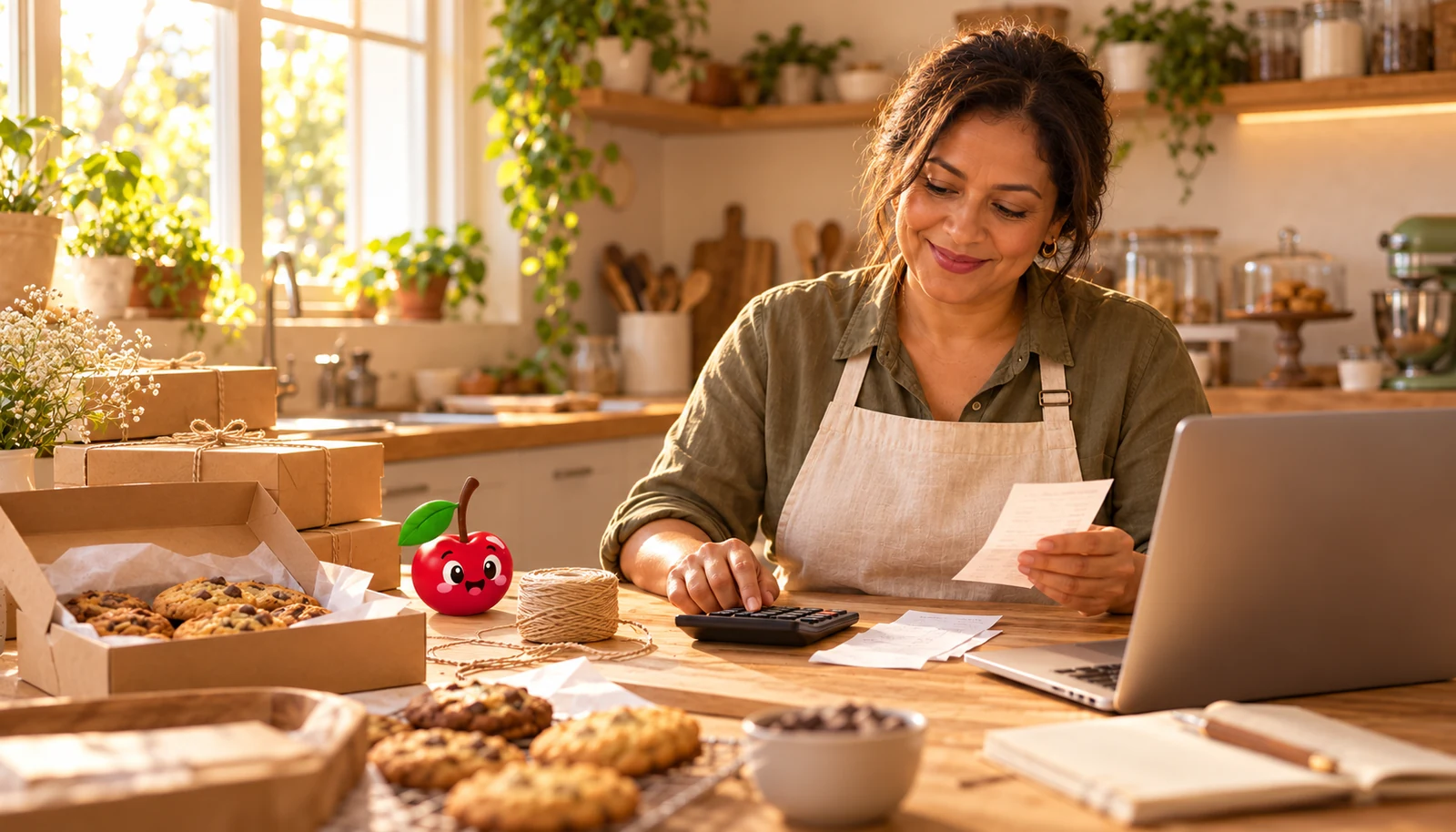Empreendedora confere anotações financeiras com calculadora à mesa do seu pequeno negócio de alimentação