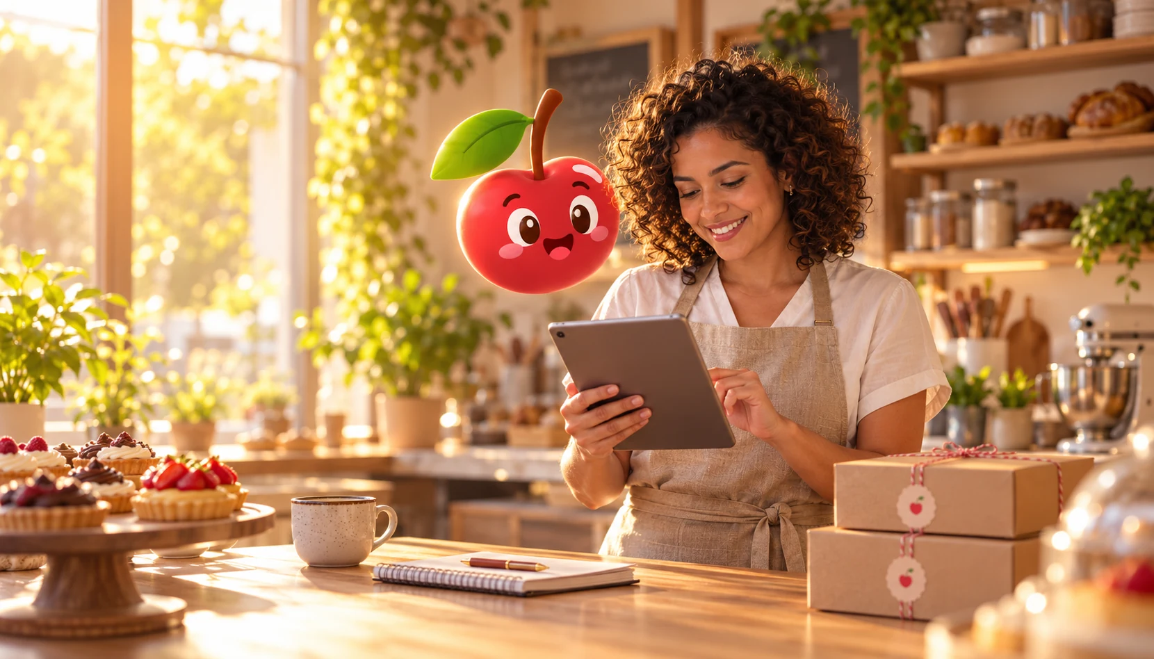 Confeiteira confere os pedidos em um tablet ao lado de encomendas embaladas, em seu ateliê iluminado